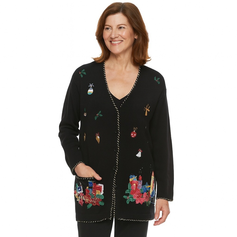 The‎ Quaker Factory Womens Cardigan Black Christmas Holiday Sweater Embroidered